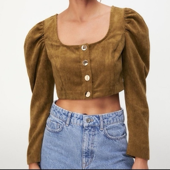 Zara Tops - Zara - Dark Camel Corduroy Long Sleeve Large Button Crop Top Size Small